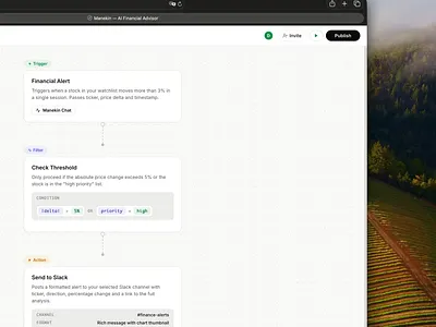 AI Financial advisor - Publish workflow ai automation ai chat ai chat automation animation automation chat ai clean design dashboard design nodes nodes canvas nodes workflow product design publish nodes ui ux workflow workflow ai chat workflow ai chat automation