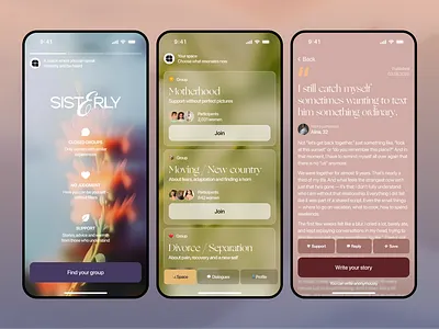Women Support Community Mobile App Design anonymous chat app design community app community platform editorial style female community ios mental health mobile app product self care social app social network soft ui support space app therapy app ui ux wellness app women community women support