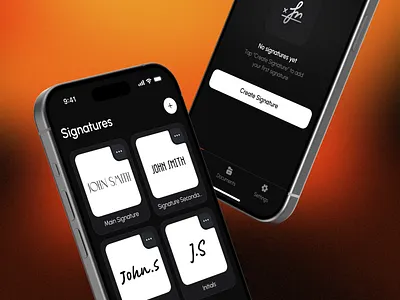 AI Signature Generator ai app cleanui create signature darkui digitalsignature empty state esignature interface ios iphone mobile mobile app moderdesign orange product design signa signature signature maker ui