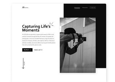 Landing Page Design : Photography black branding camera dark design graphic design herosection illustration life logo moments photography typography ui uidesign ux uxdesign vector videography webdesign