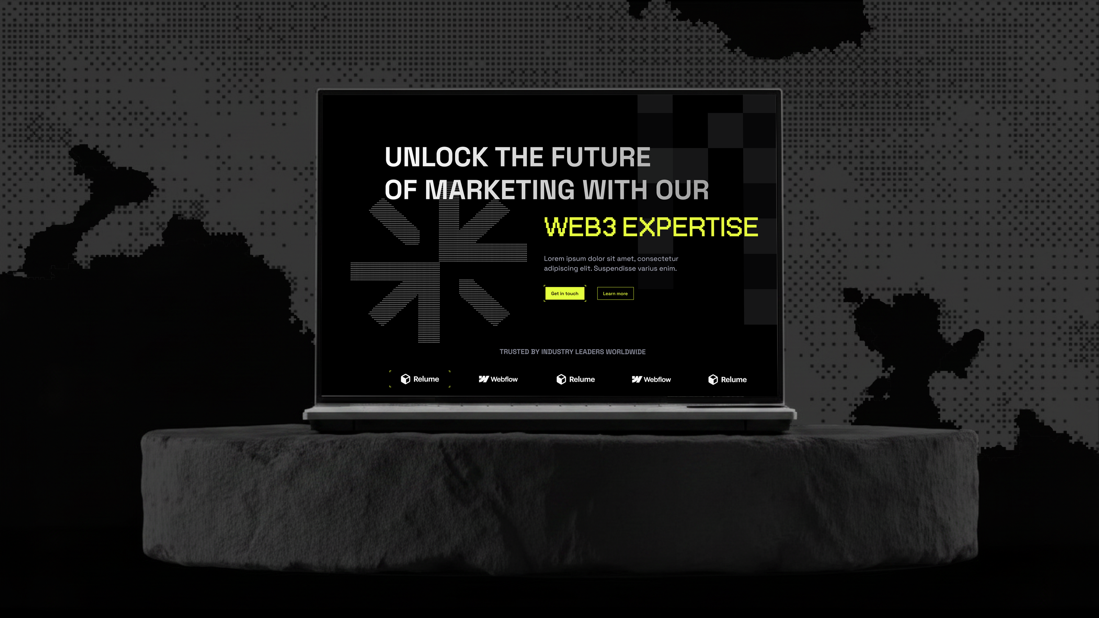 Web3 Expertise — Dark Agency Website & Full Page UI agencywebsite asciiart b2bwebsite blockchainmarketing boldtypography brandstrategy cryptomarketing darkui editorial glitchart landingpage marketing modernwebsite neonaccent pixelart startupwebsite web3 webdesign website yellowui