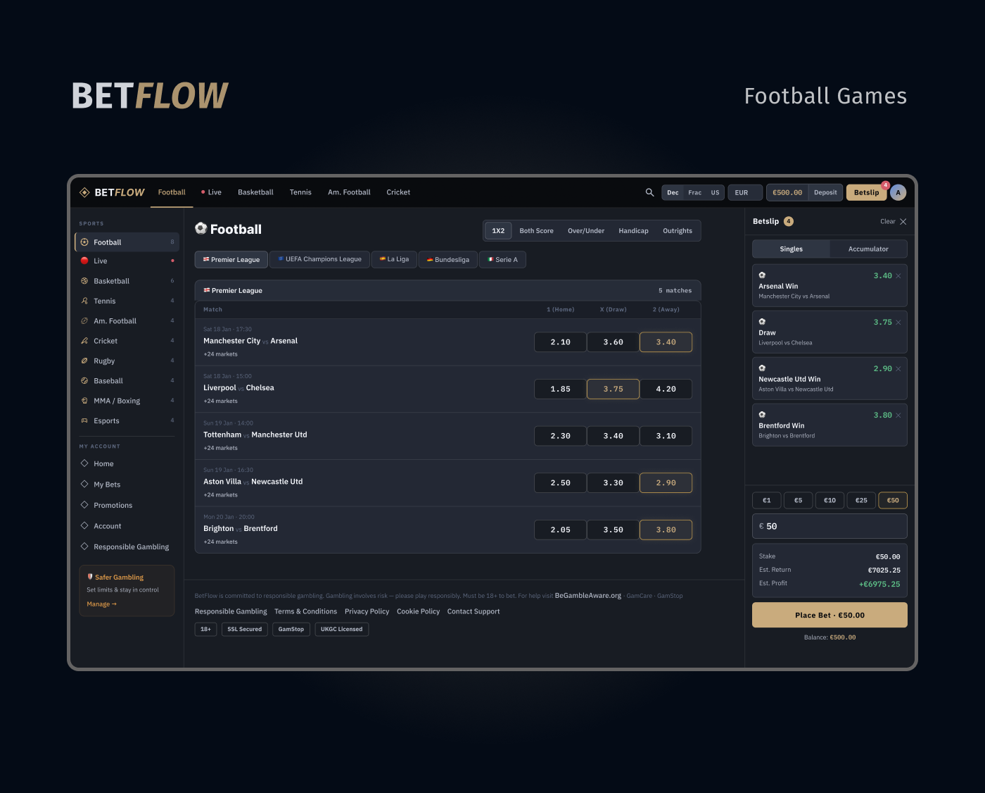 BetFlow UI - Football Match Center & Betslip