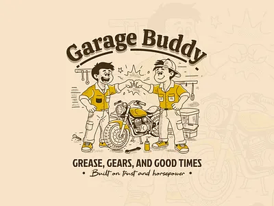 Garage Buddy adipra adipra std adipra studio automotive theme biker culture cartoon mechanic custom motorcycle friendship concept garage artwork garage buddy garage life grease and gears hand drawn art mechanic friendship motorcycle repair retro design vintage illustration workshop scene