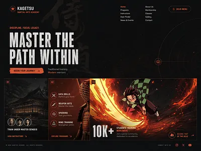 Martial Arts Academy Landing Page — Dark Theme Web Design academy website anime illustration dark mode dojo gritty texture hero section japanese culture kendo landing page martial arts minimalist layout orange accents premium ui sports branding typography ui design ux design visual hierarchy web design website design