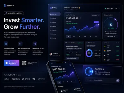 Investment Dashboard & Landing Page — AI Finance App ai analytics app design crypto dark mode dashboard data visualization finance fintech investing landing page mobile app portfolio product design saas stock market trading ui design ux design web design