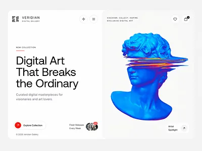 Digital Art Gallery Landing Page — Veridian Hero Section 3d sculpture art platform branding clean ui creative layout digital art gallery website glitch art hero header interface landing page luxury design minimalism modern web nft marketplace product design typography ui design web design white space