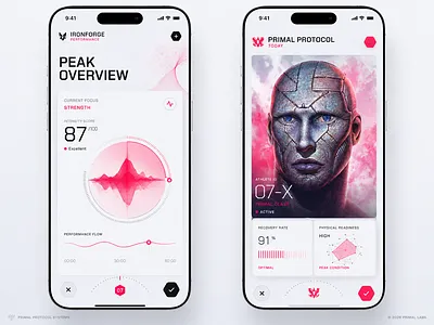 Fitness Tracking Mobile App — Primal Protocol Performance UI analytics app design biometrics dark mode dashboard data visualization fitness app health tracker high tech ui interface design light mode mobile app mobile ui performance tracking product design red accents sports tech ui design ux design workout tracker