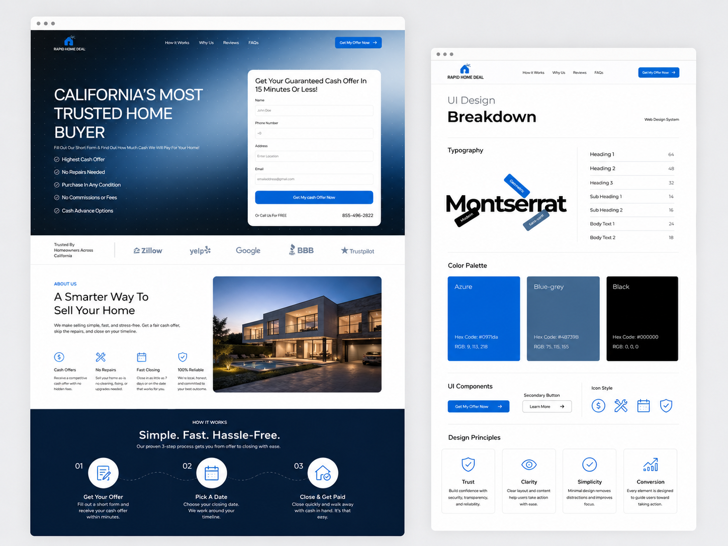 Rapid Home Deal Real Estate Website UI/UX Design business website design color palette conversion focused design figma website design landing page design lead generation landing page logo design property website design real estate branding real estate web design real estate website typography design ui ux design web design website case study