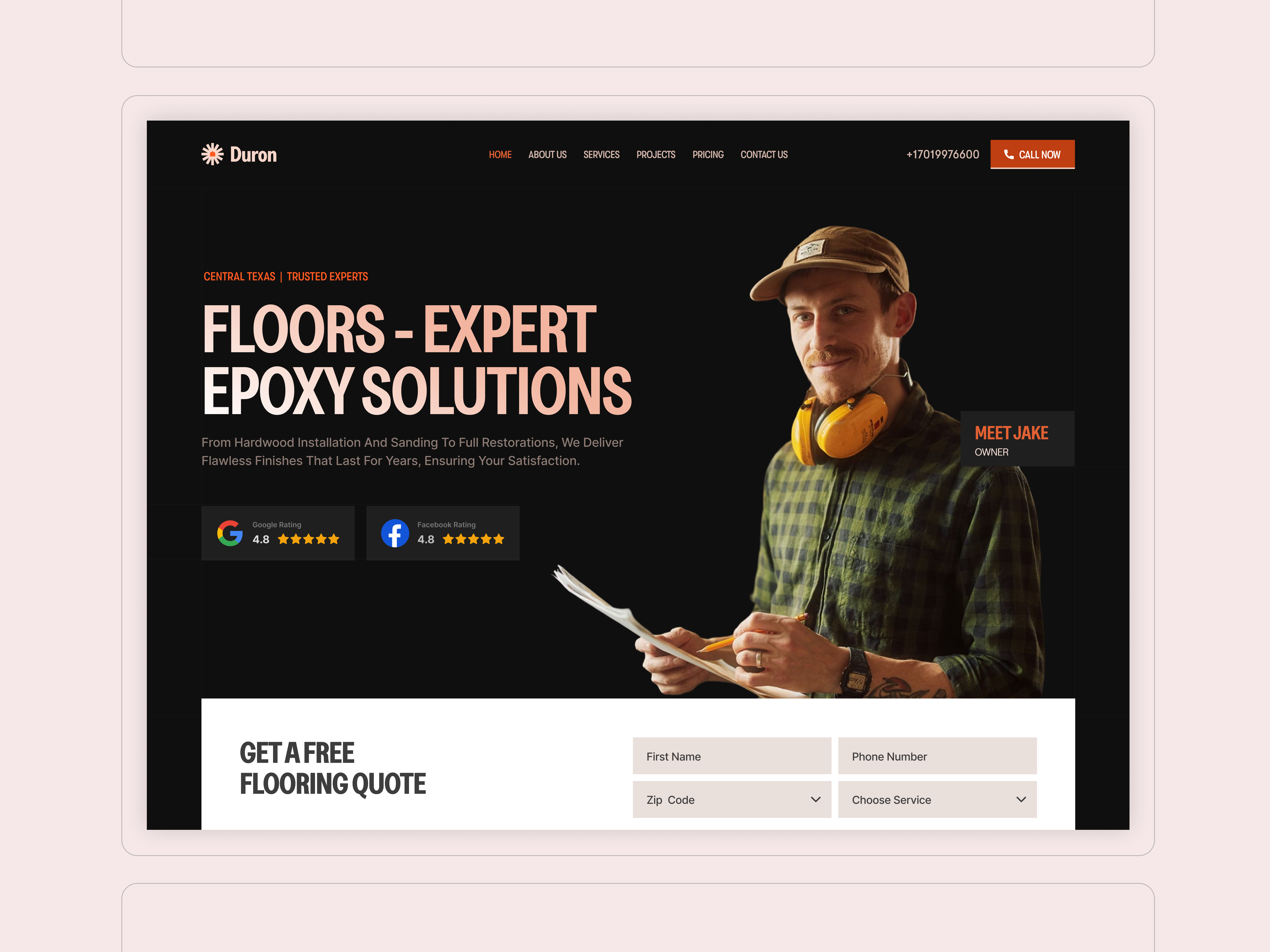 Duron- Flooring Service Landing Page agency business dark landing page dark ui dark website floors website landing page minimal roof topping website service website ui ux design web design website design