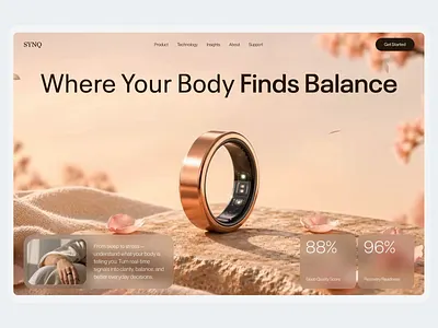 SYNQ — Smart Ring Landing Page aesthetic biohacking clean ui health tracking landing page lifestyle minimal modern design product design smart ring soft ui ui ux wearable tech web design website wellness