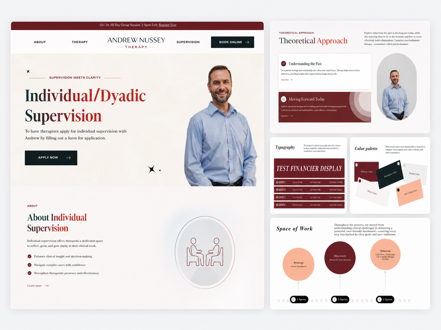 Andrew Nussey Psychology Website UI/UX design color palette counseling website figma website design landing page design mental health website personal brand website professional website design psychology website service website design therapist website design trust focused design typography design ui ux design web design website case study