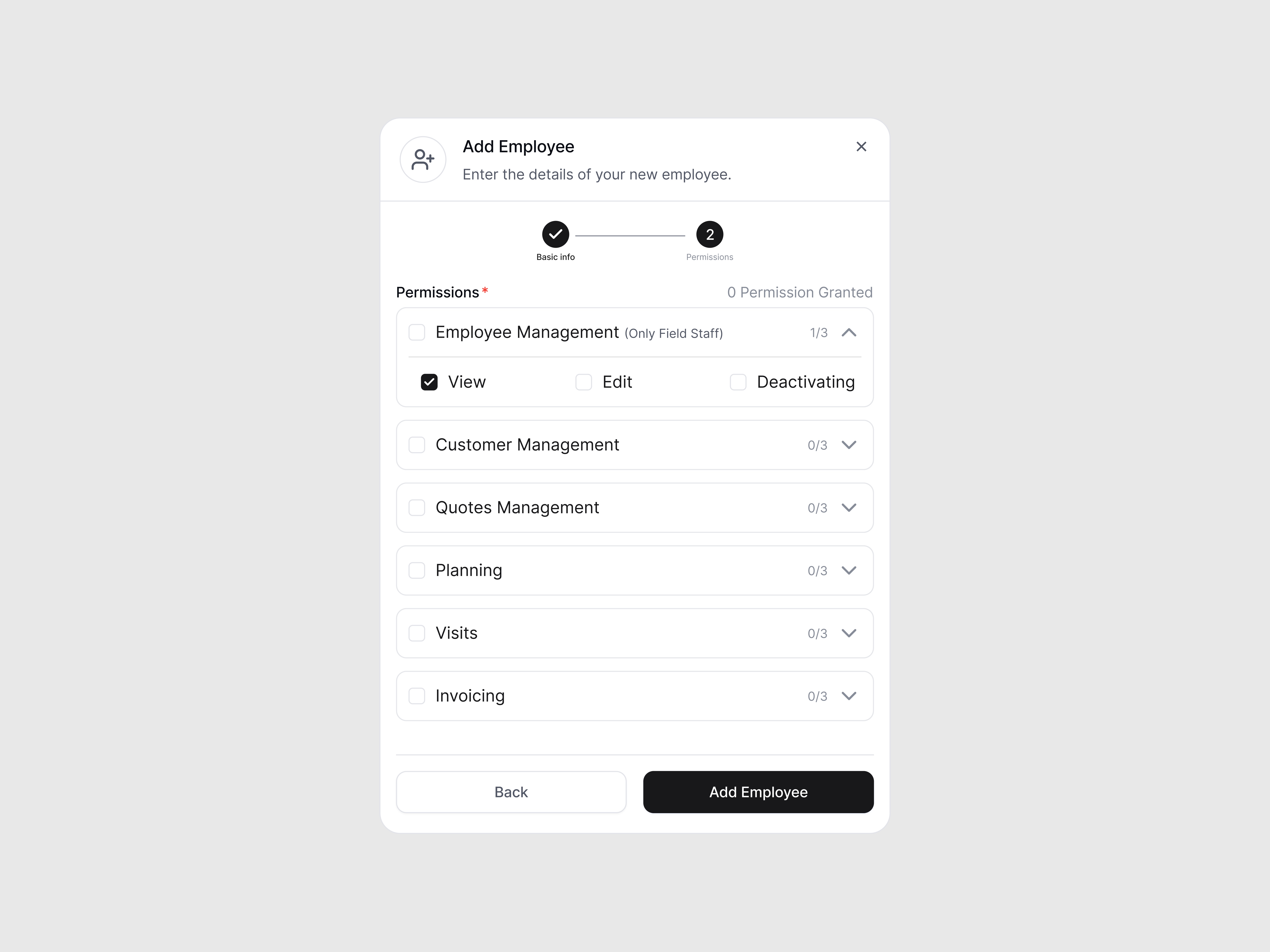 Employee Permissions & Onboarding Modal animation app design branding design employee management graphic design landing page modal permission modal product design saas ui ux