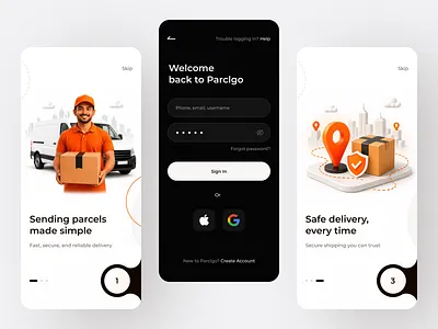 Parclgo - Parcel Delivery App courier app courier service delivery app delivery service intro screen login logistics app mobile app modern parcel app on demand delivery package delivery parcel app parcel delivery app parcel tracking ui parclgo transportation transportation app