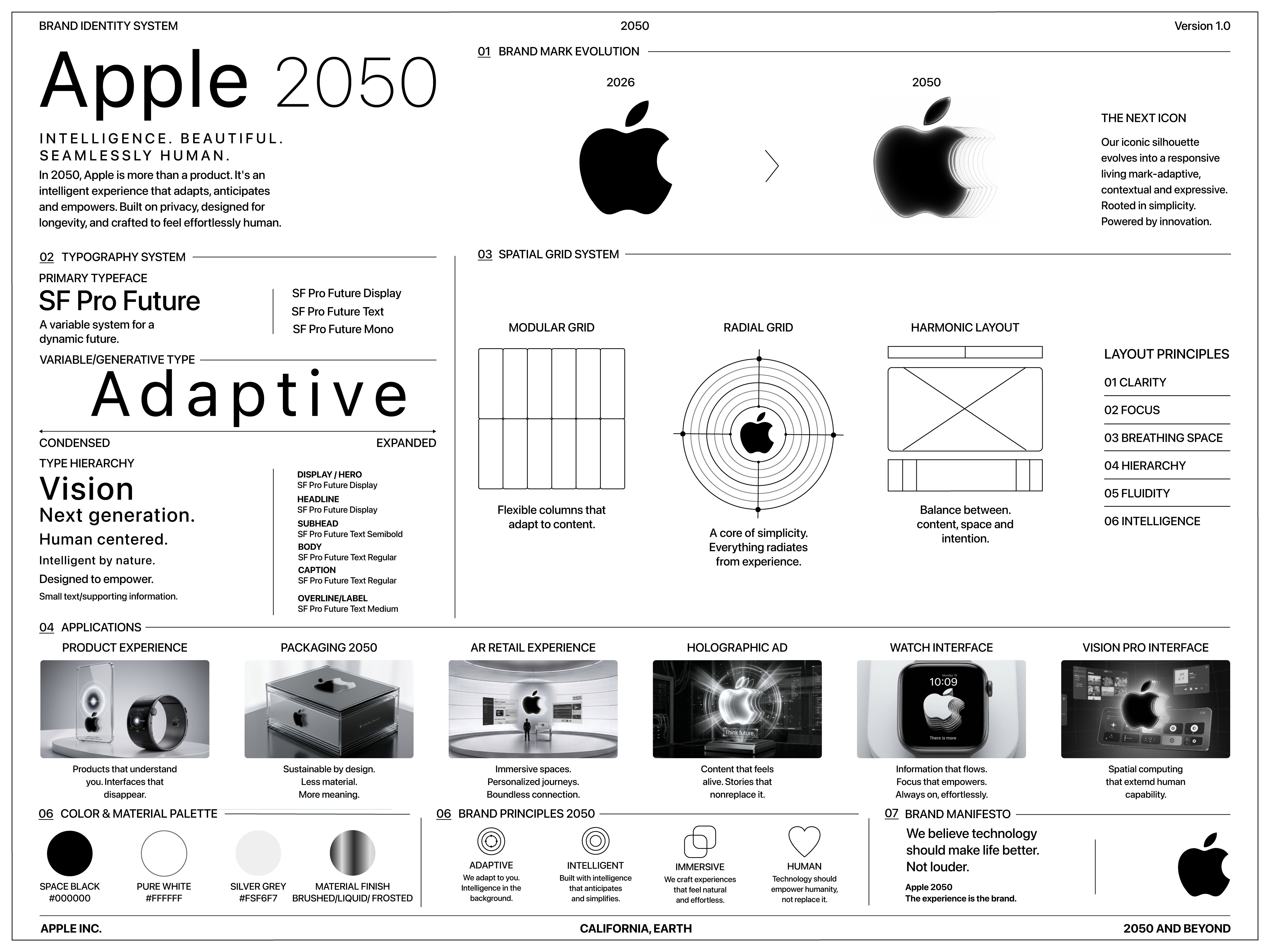 Apple 2050 Brand Identity System | Future Concept Design 2050 design apple concept art direction brand identity brand strategy branding system creative direction design system editorial layout future design future interface futuristic branding graphic design grid system innovation design minimal design product vision speculative design tech branding visual identity