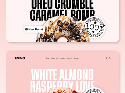 Donut Website Design 3d almond animation branding cake candy dessert donut graphic design landing page logo modern motion graphics oreo pink rasperry simple sweet website website design