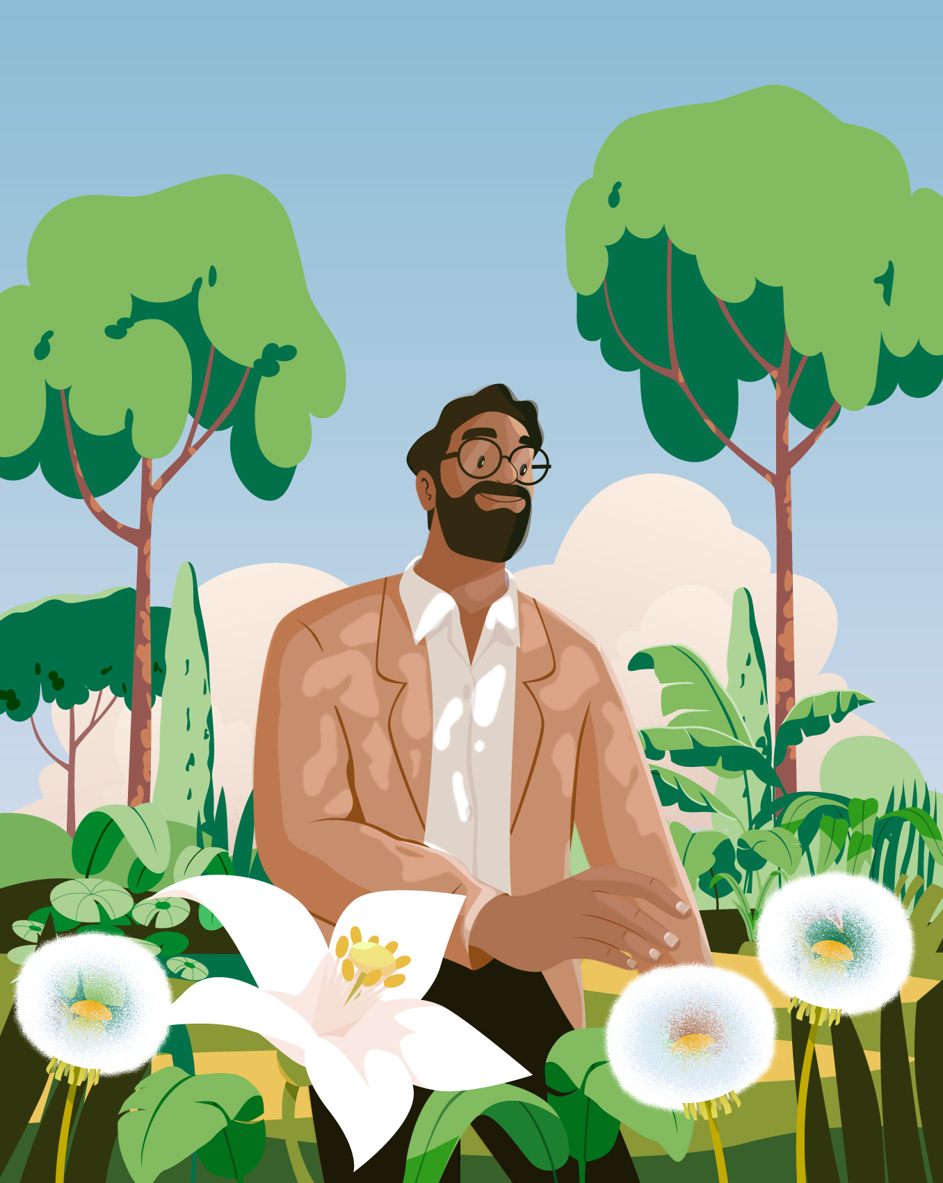 Spring character cloud design flower green illustration man nature pastel sky spring tree vector