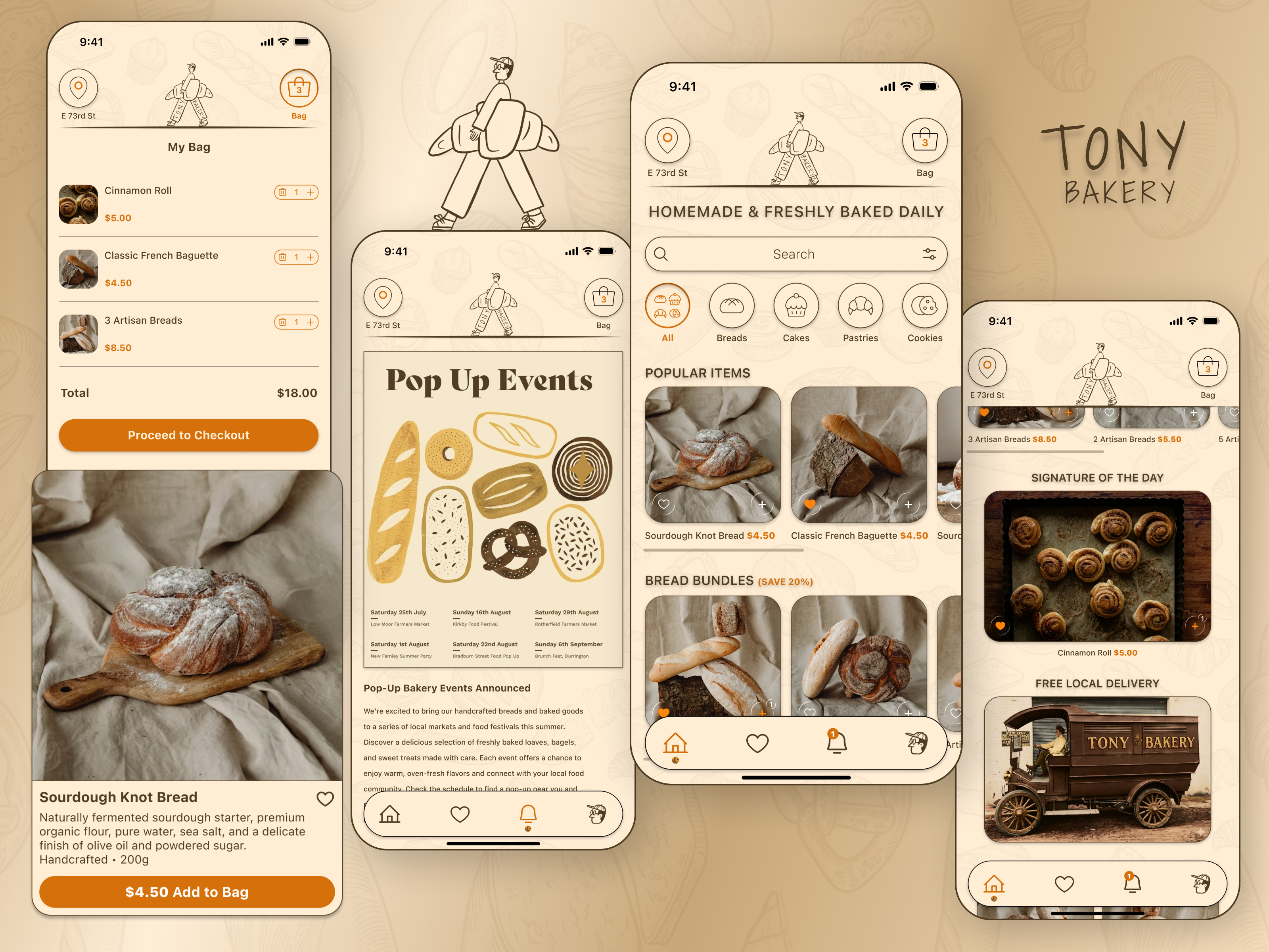 Tony Bakery – Bakery Mobile App UI Concept app design bakery concept delivery app ecommerce food app mobile app ordering app product design ui ui design uiux ux