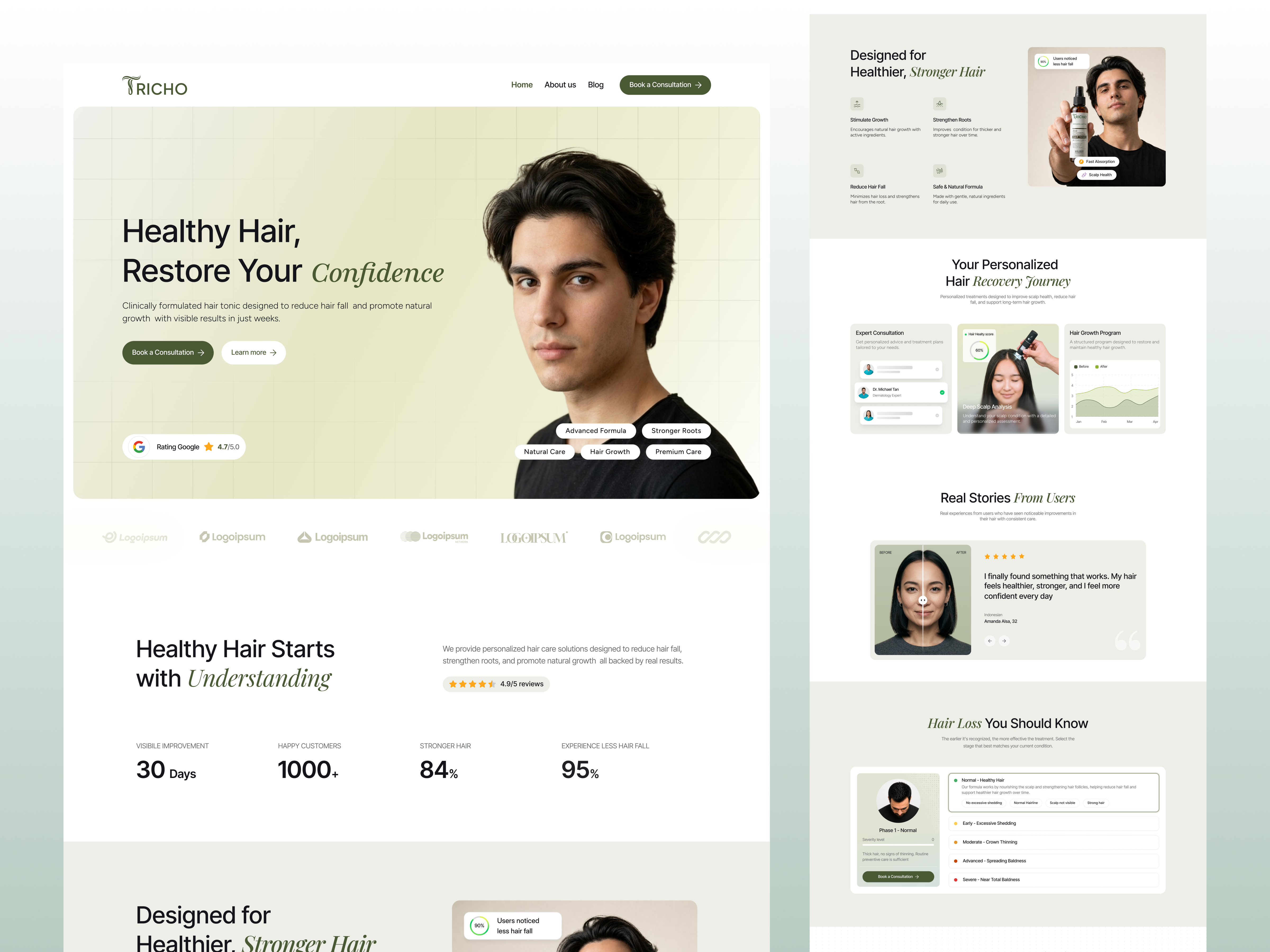 Tricho - Hair Care Landing Page Concept branding figma framer hair healthy care healthy landing page logo skin care ui design uiux website