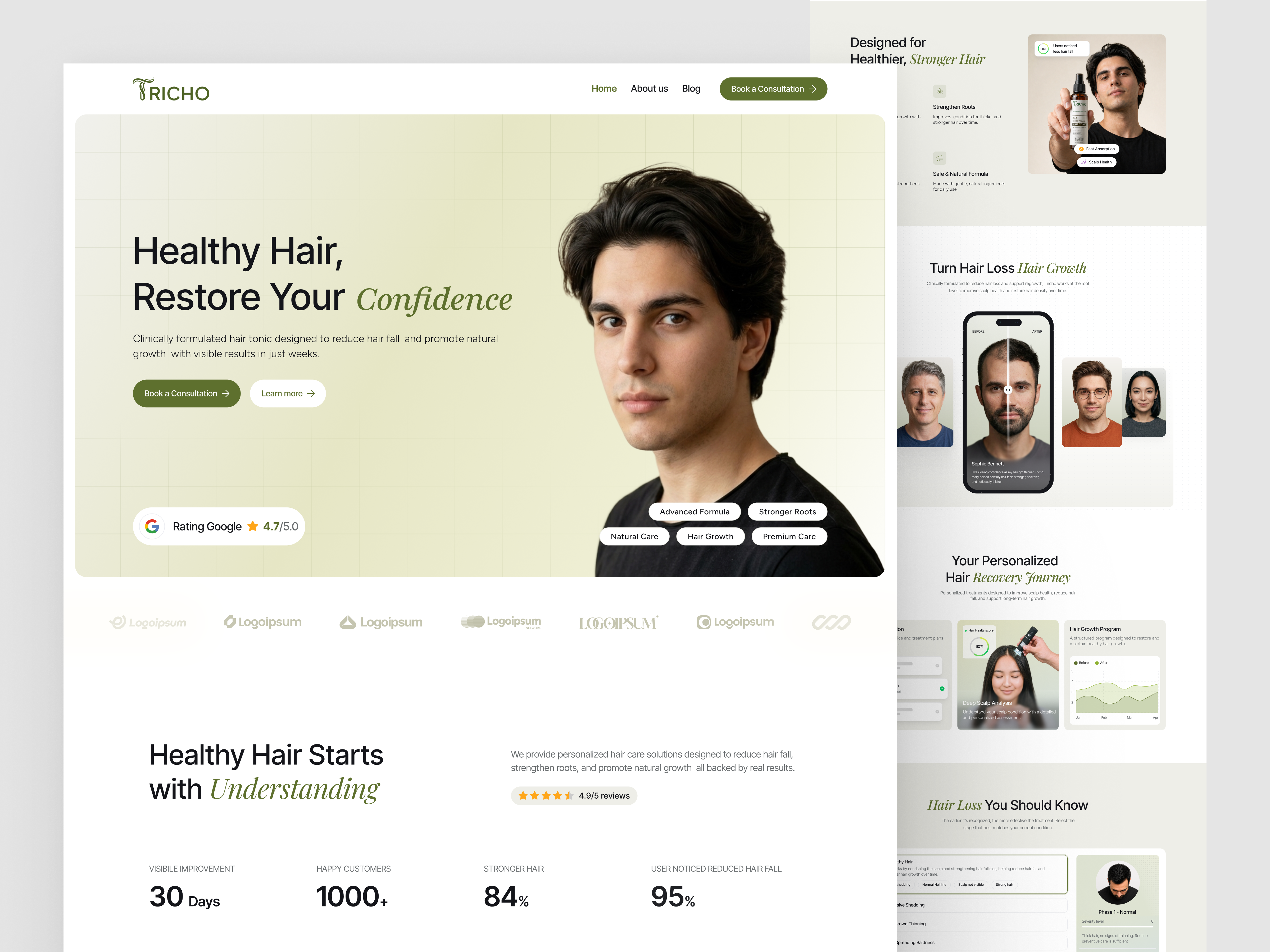 Tricho - Hair Care Landing Page Concept branding figma framer hair healthy care healthy landing page logo skin care ui design uiux website