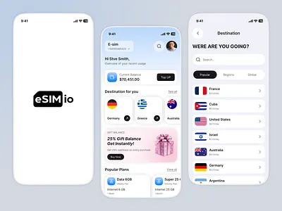 FlySIM – Travel Internet Mobile App UI app appdesign connectivityapp dataplanapp esimapp internetapp mobileapp mobileappui mobileuidesign productdesign telecomapp travelapp travelmobileapp travelui uidesign uiuxdesign userexperience userinterface uxdesign web