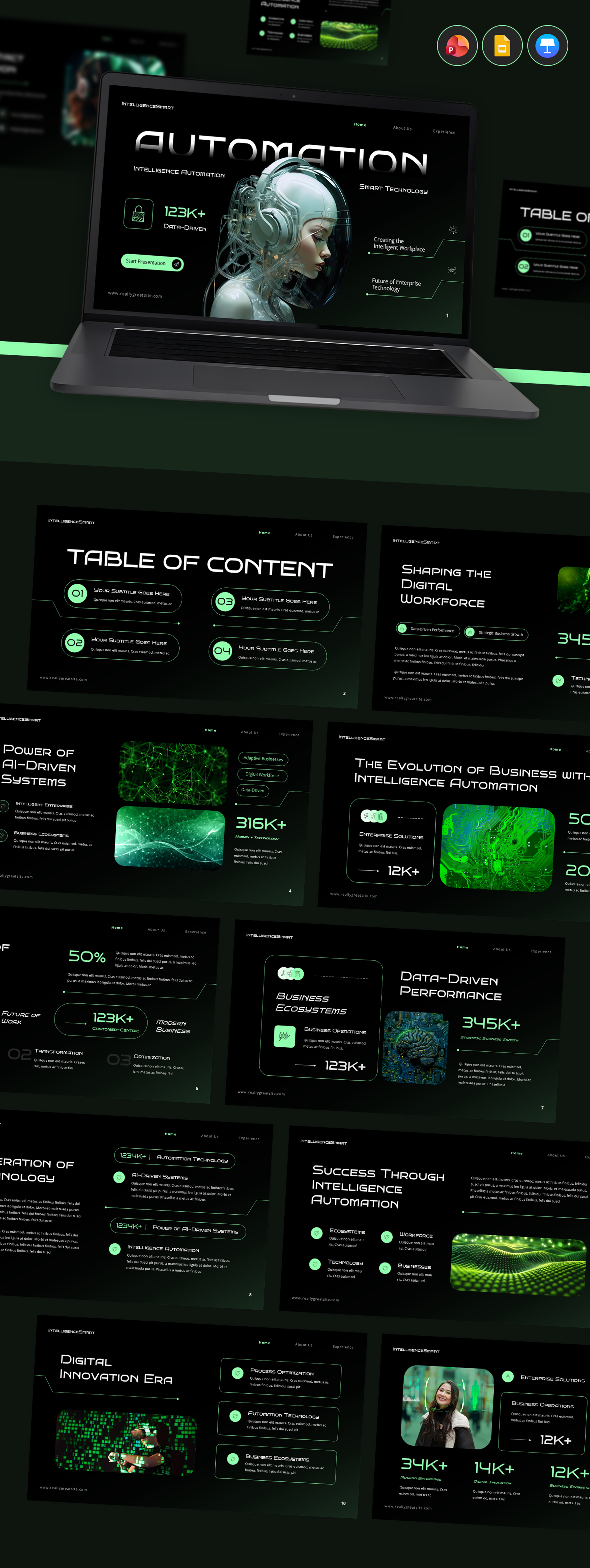 Intelligence Automation Presentation ai artificial intelligence automation branding business cyber dark design digital futuristic graphic design illustration modern powerpoint presentation tech technology template uiux