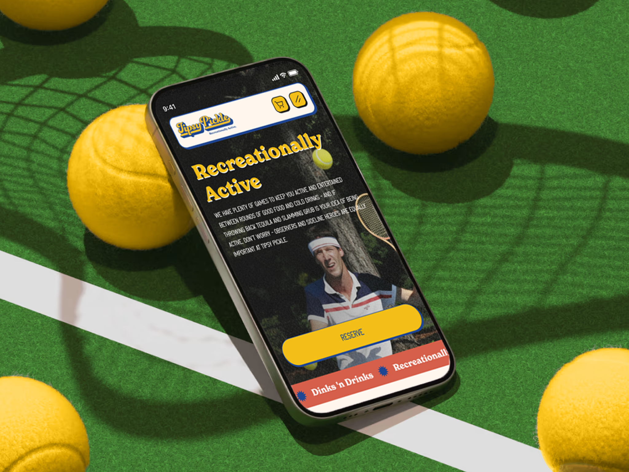 Sports Bar Website — Retro Fun Branding & Full Page UI blueui boldtypography bookingwebsite branding eventwebsite foodandsports fundesign hospitality landingpage mobilewebsite pickleball playfuldesign restaurantwebsite retro sportsbar sportsbrand vintagedesign webdesign website yellowui