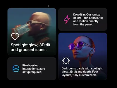 Bento Card — Bento Card — Spotlight Glow, 3D Tilt animation interaction motion design ui