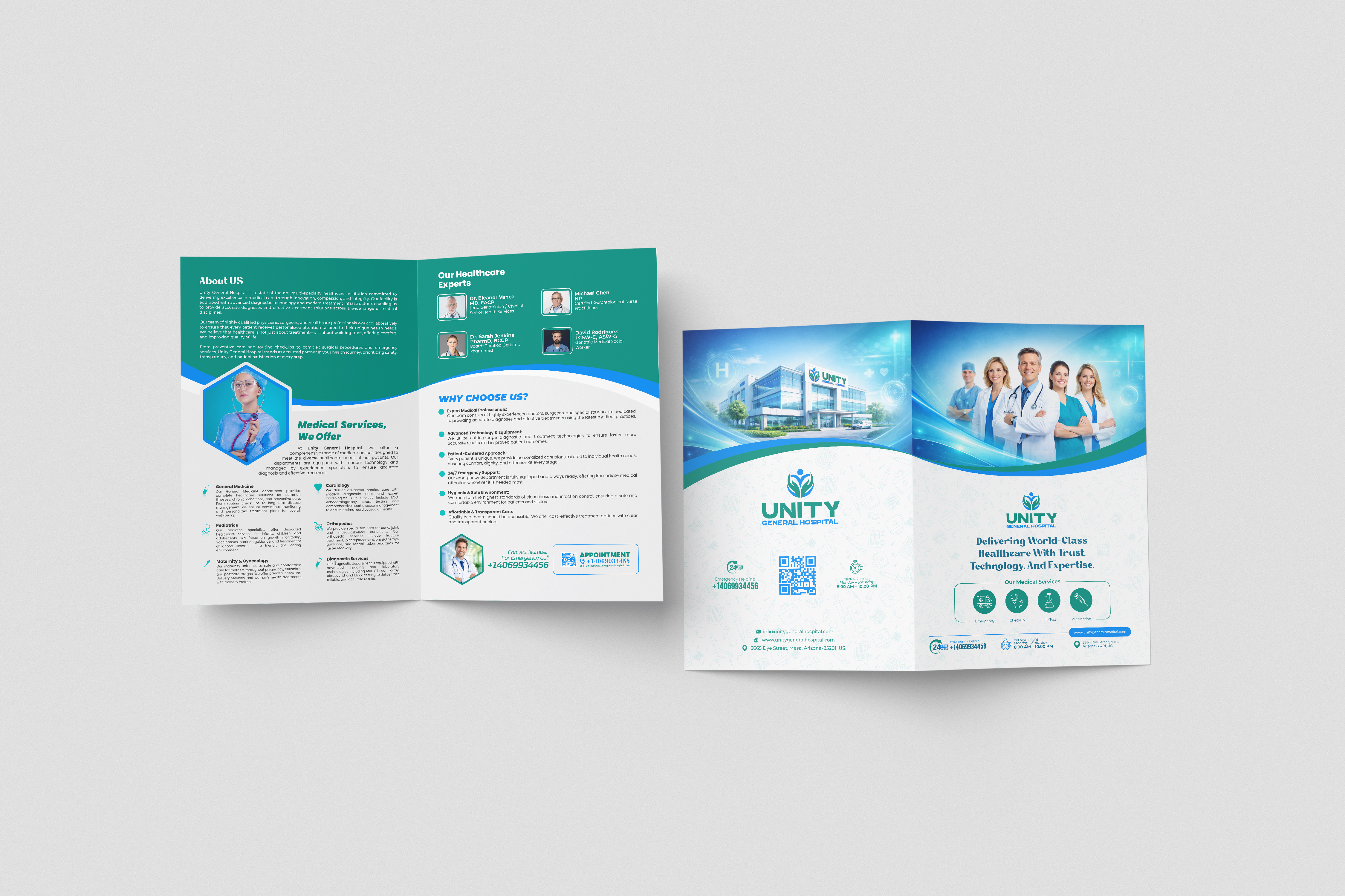 Unity General Hospital – Bi-Fold Brochure Design bi fold brochure branding brochure design clean design clinic design company profile corporate design editorial design graphic design healthcare design healthcare marketing hospital design layout design medical branding medical brochure minimal design modern layout print design professional design service brochure