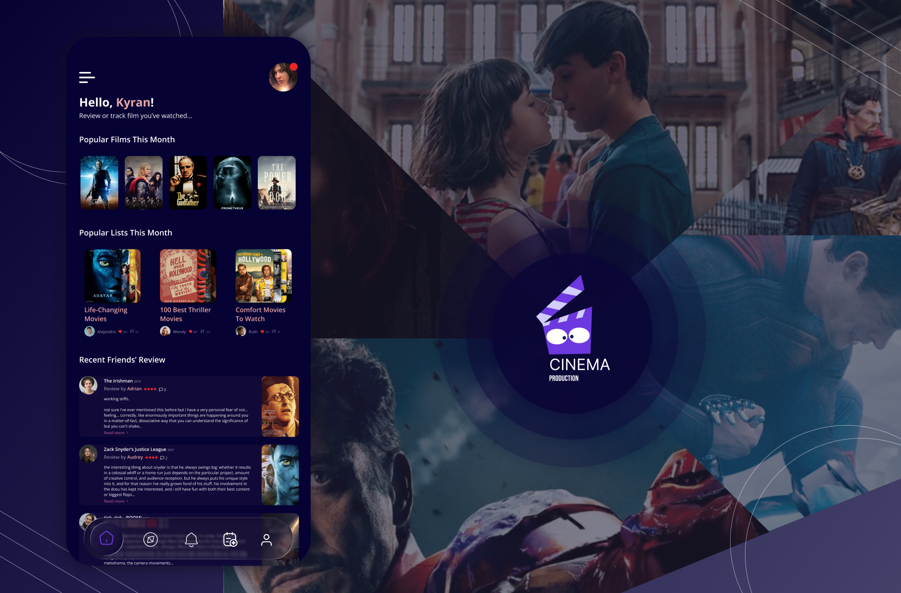 🎬 Cinema App UI – Movie Tracking & Social Experience app design branding claude design mobile app design ott ott app ui ui ux design visual design