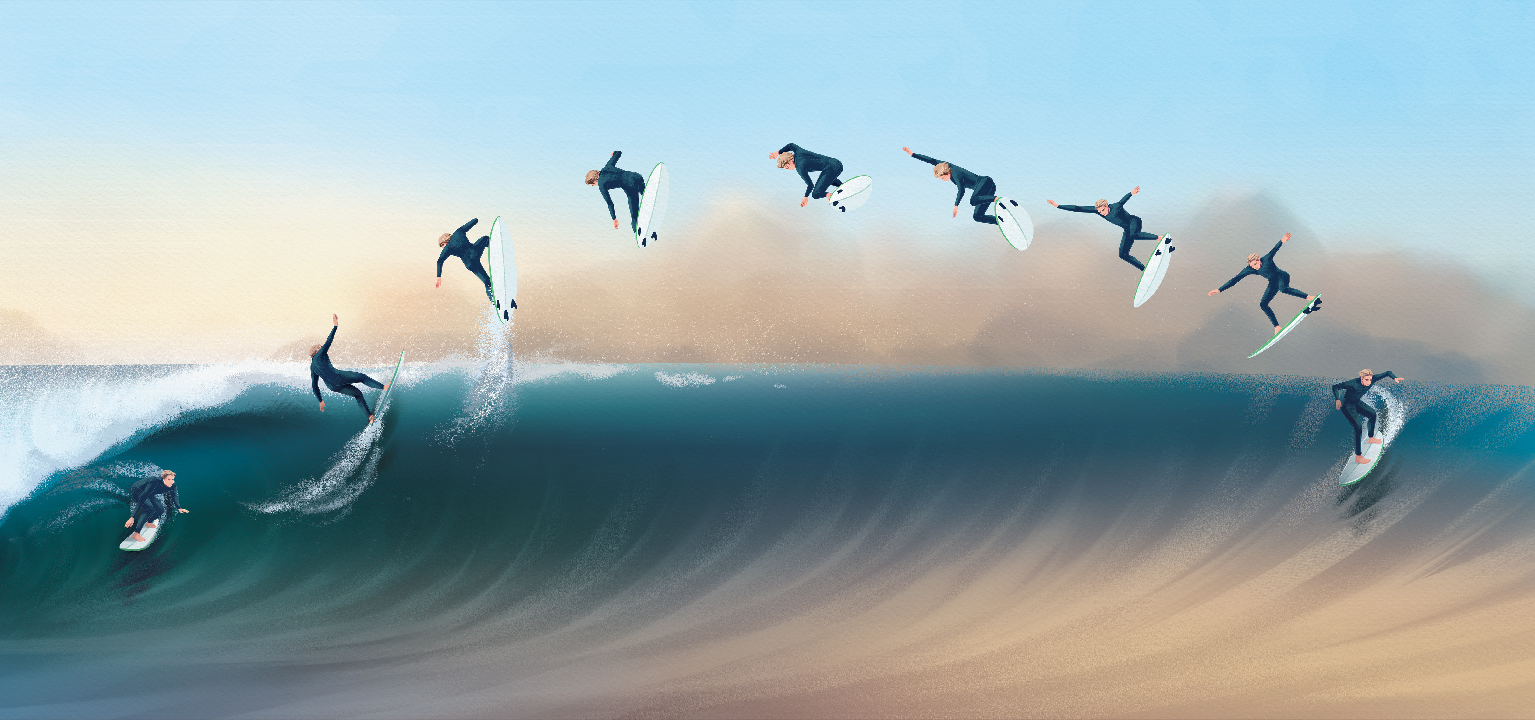 How to air character clouds colorful extreme illustration jump lifestyle man ocean sport surfboard surfer surfing swimsuit texture wave