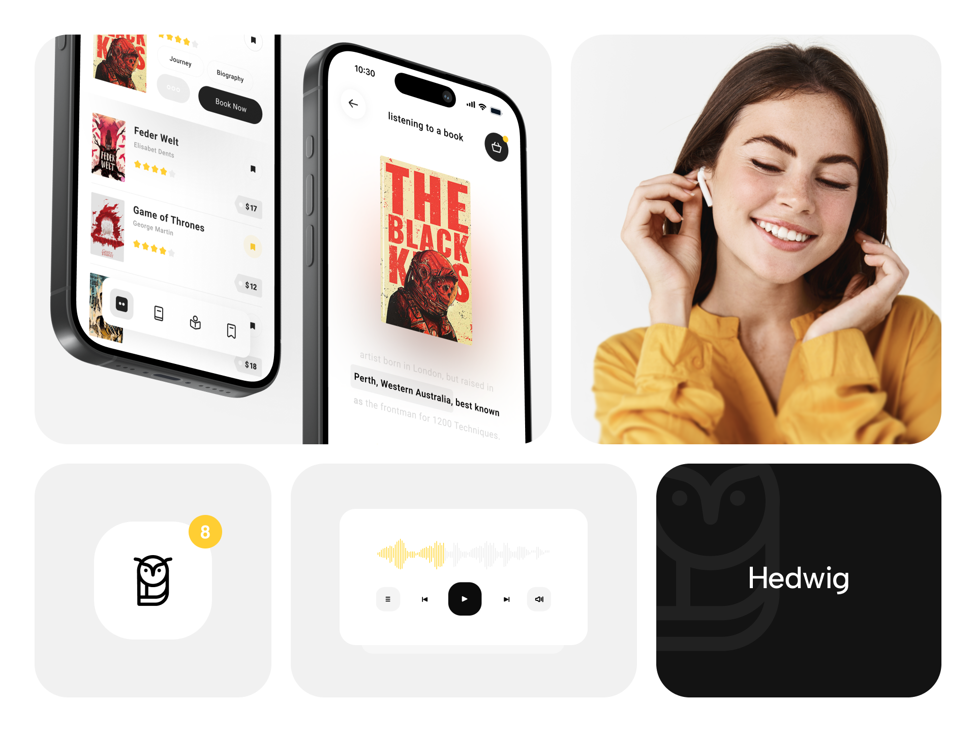Hedwig — Book Reading & Audiobook App audio player audio player ui audiobook audiobooks app book app clean ui dark mode ebook reader interaction design interface design library management listening app minimal design mobile app modern ui product design reading app streaming app ui design ux design