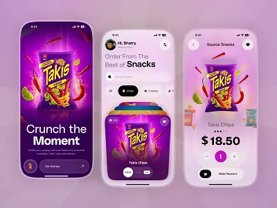 Crunch Bold Snack Delivery App app design clean interface delivery e commerce app food food delivery ui food ordering app grocery app design interaction design m commerce meal ordering mobile app ui online shopping app ordering product design snack delivery app snack shop website ui vibrant colors visual design