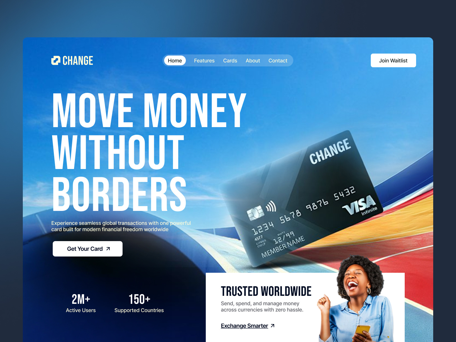 Global Fast, Secure, and Scalable Payment Card Website ai app design blue ui design branding design currency card fast global currency card website hero section design landing page logo onile payment system app online card payment card payment website secure techwitpro waitlist page webflow design website