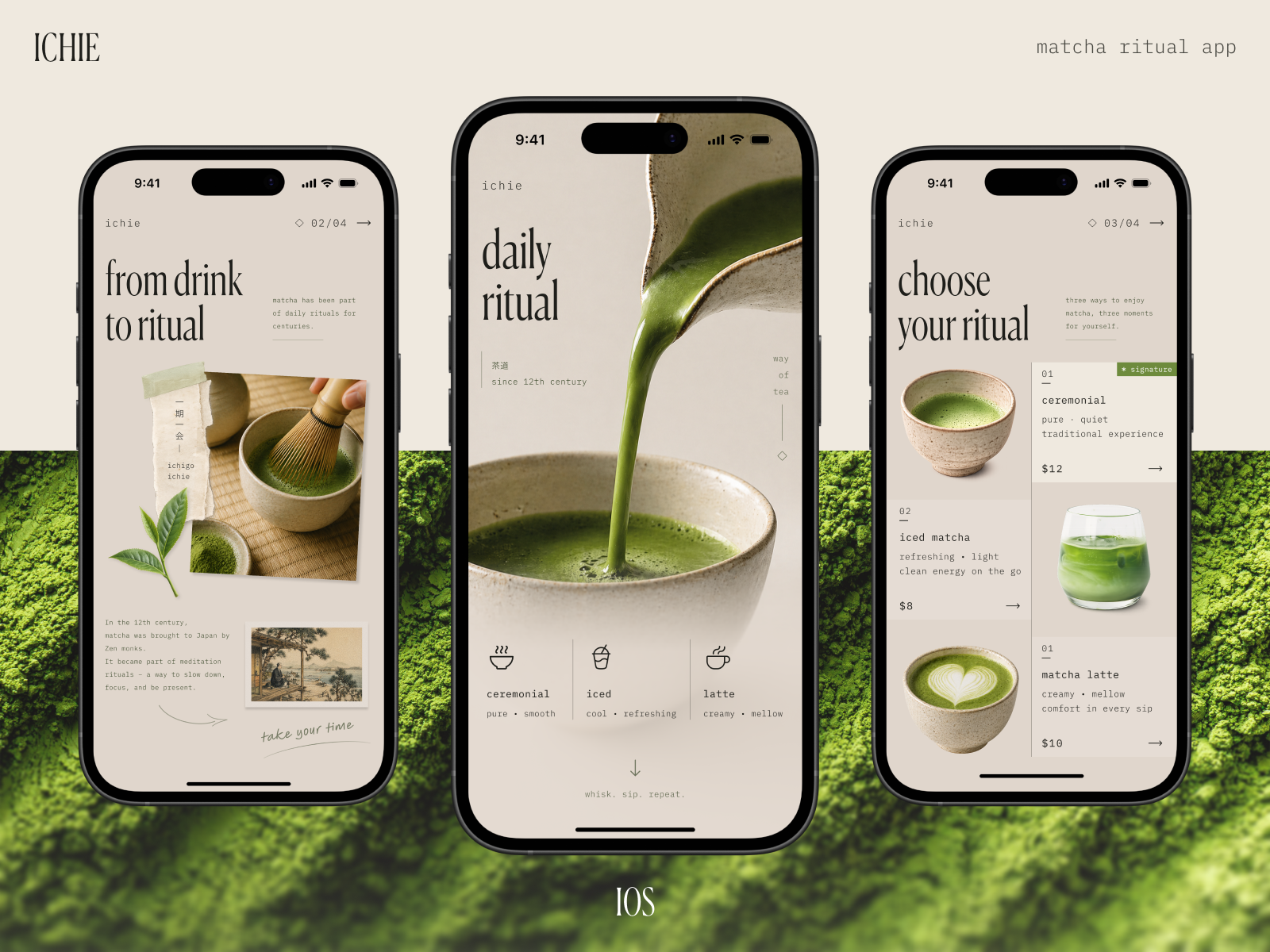 🍵 ICHIE — Matcha Ritual App calm daily routine ios app japanese aesthetic lifestyle matcha mindfulness minimal ui mobile app product design ritual self care tea wellness zen