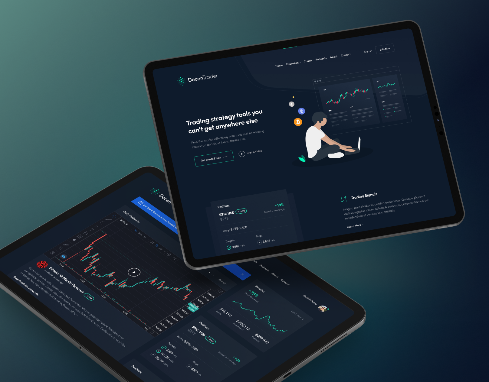 Decentrader Crypto Trading Website bitcoin blockchain branding crypto crypto dashboard dark mode dashboard futuristic design indicator trade trading tools ui uiux webdesign website