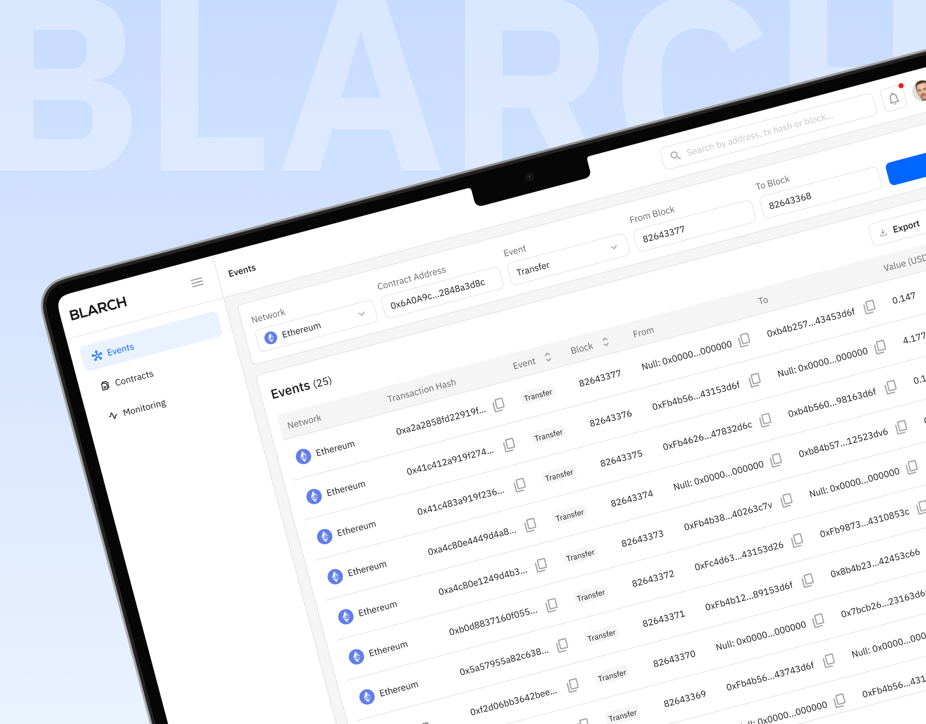 BLARCH | Blockchain Event Retrieval MVP Dashboard analytics blockchain crypto dashboard product design saas ui user interface ux uxui web app