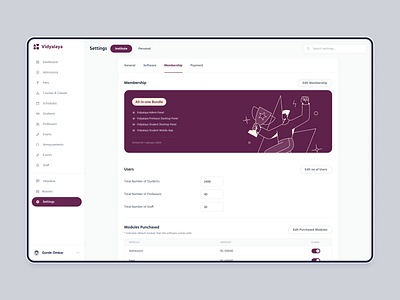 Settings: Membership admin panel edtech interface membership payment pricing product design profile settings sid navigation ui website