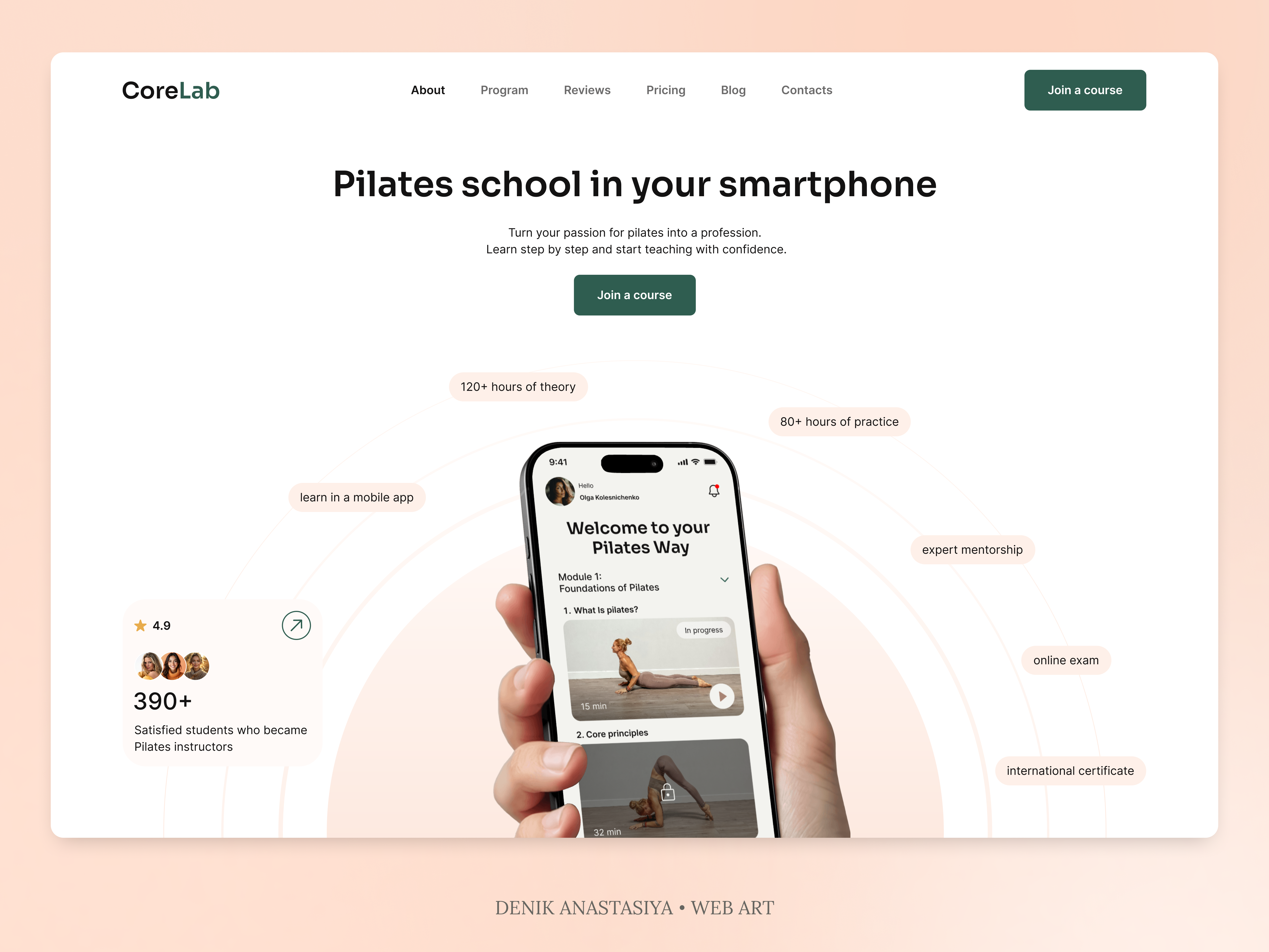 CoreLab: Pilates Course Landing Page (Clean Wellness UI) clean ui education platform fitness health lifestyle landing page minimal mobile app online course pilates ux design web design wellness