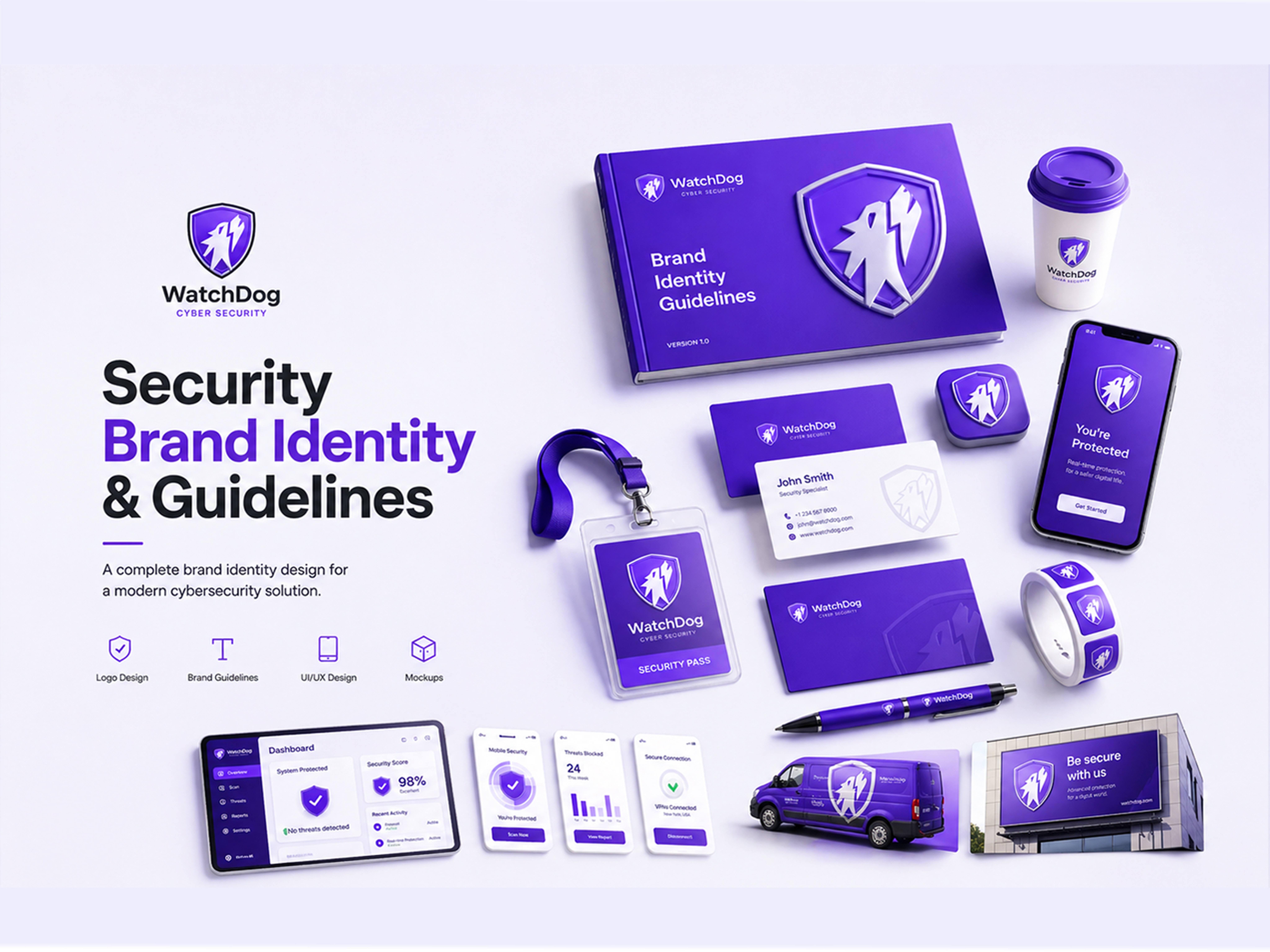 Security Brand Identity | WatchDog Logo & Brand Guidelines appdesign brandidentity branding corporatedesign cybersecurity digitaldesign gradient graphicdesign identitydesign logo logodesign minimal mockup modernlogo purpletheme security startup techbranding uidesign uxdesign