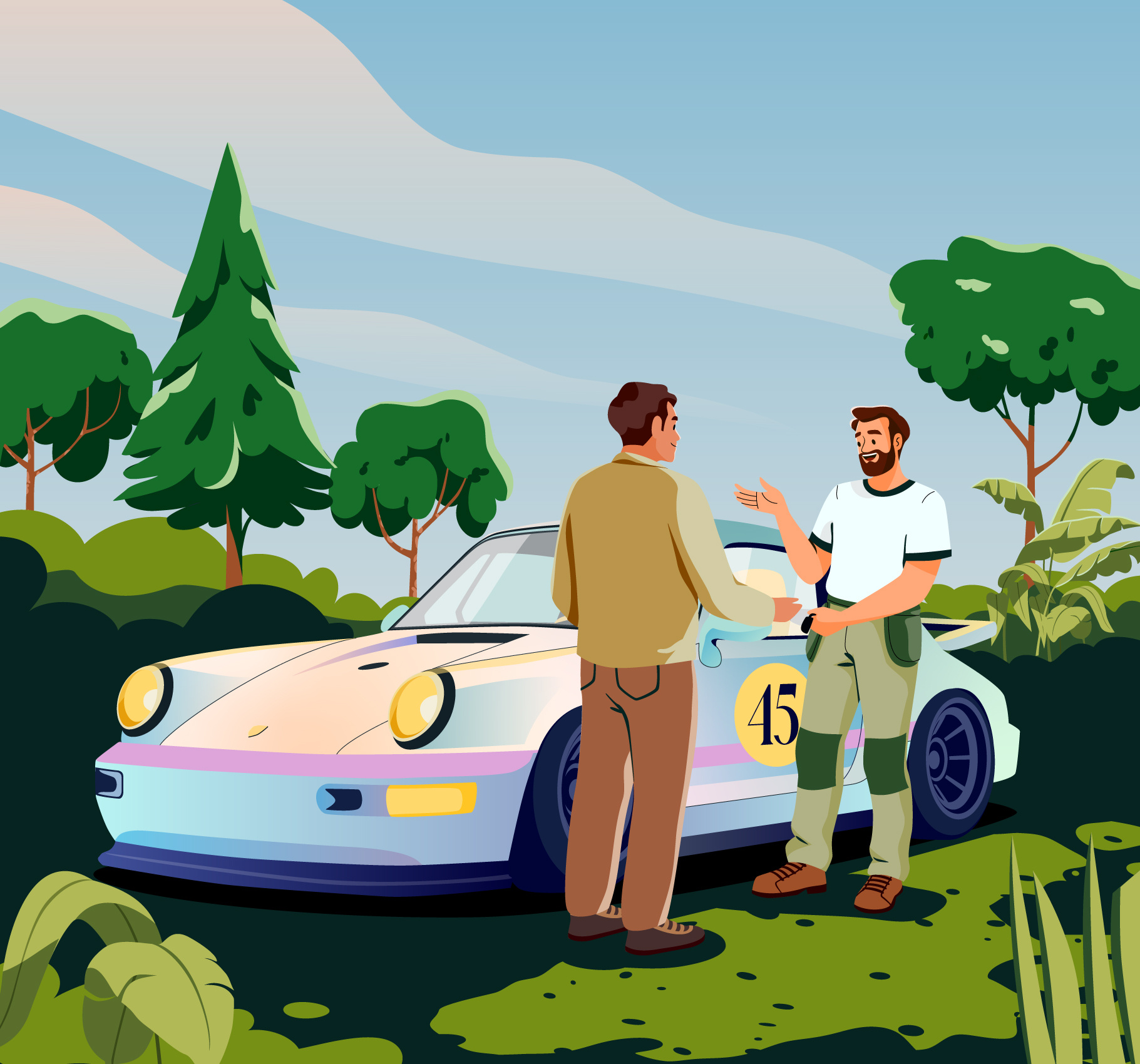 Porsche car character character design drive graphic illustration landscape man men pastel plant ride sky tree vector