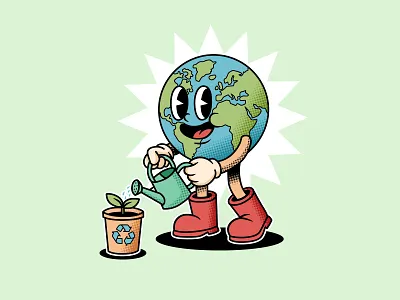 Nurturing Our Home: Retro Earth Mascot 1930s cartoon character design digital art earth day eco friendly ecology environment graphic design green halftone illustration mascot pop art recycling retro rubber hose sustainability vector vintage