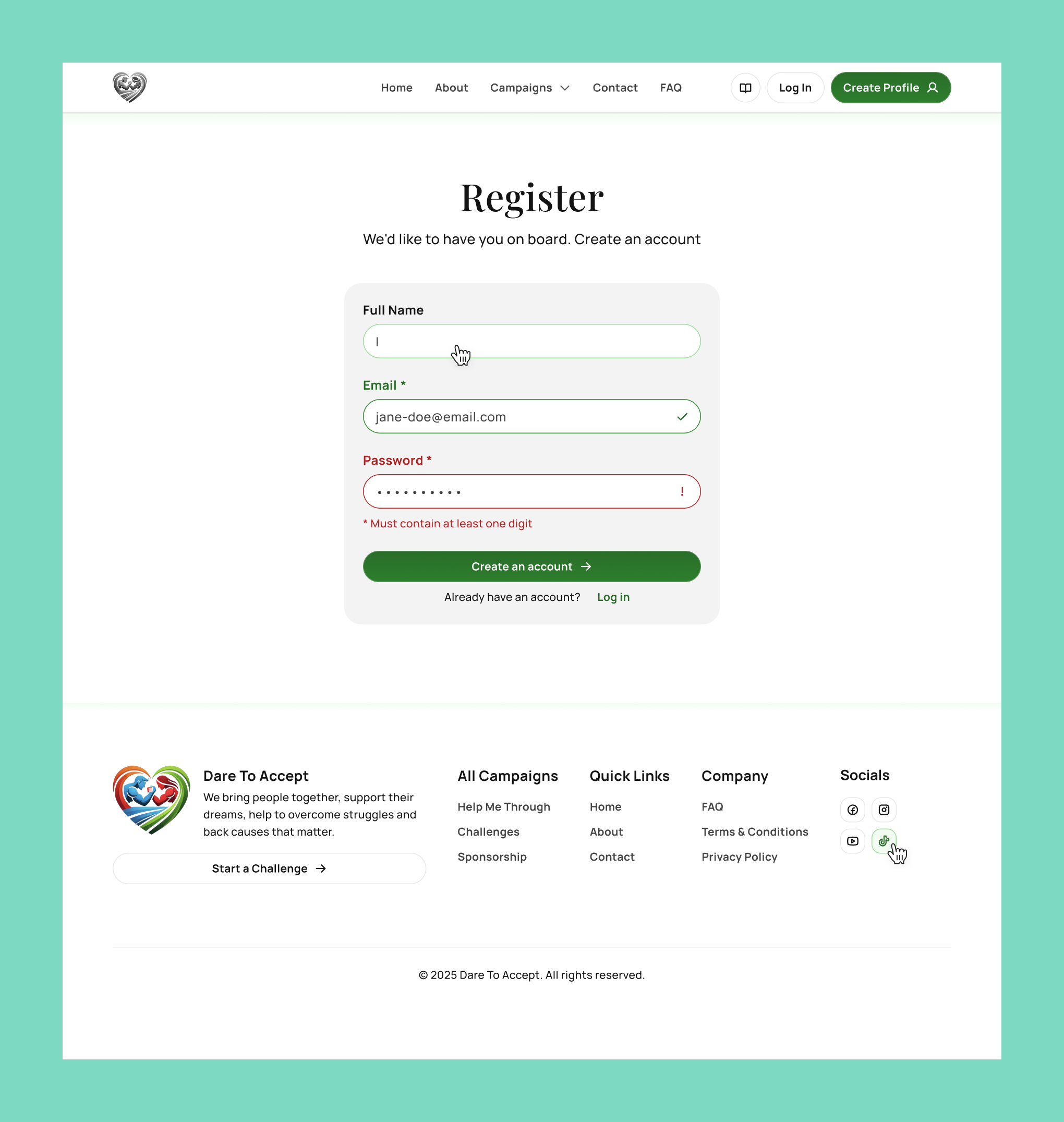 Registration page | Create profile | Form input validation state charity create profile figma component figma design footer form component form states form validation fundraising input component input states landing page navigation non profit page layout registration page ui form ui ux volunteer web design