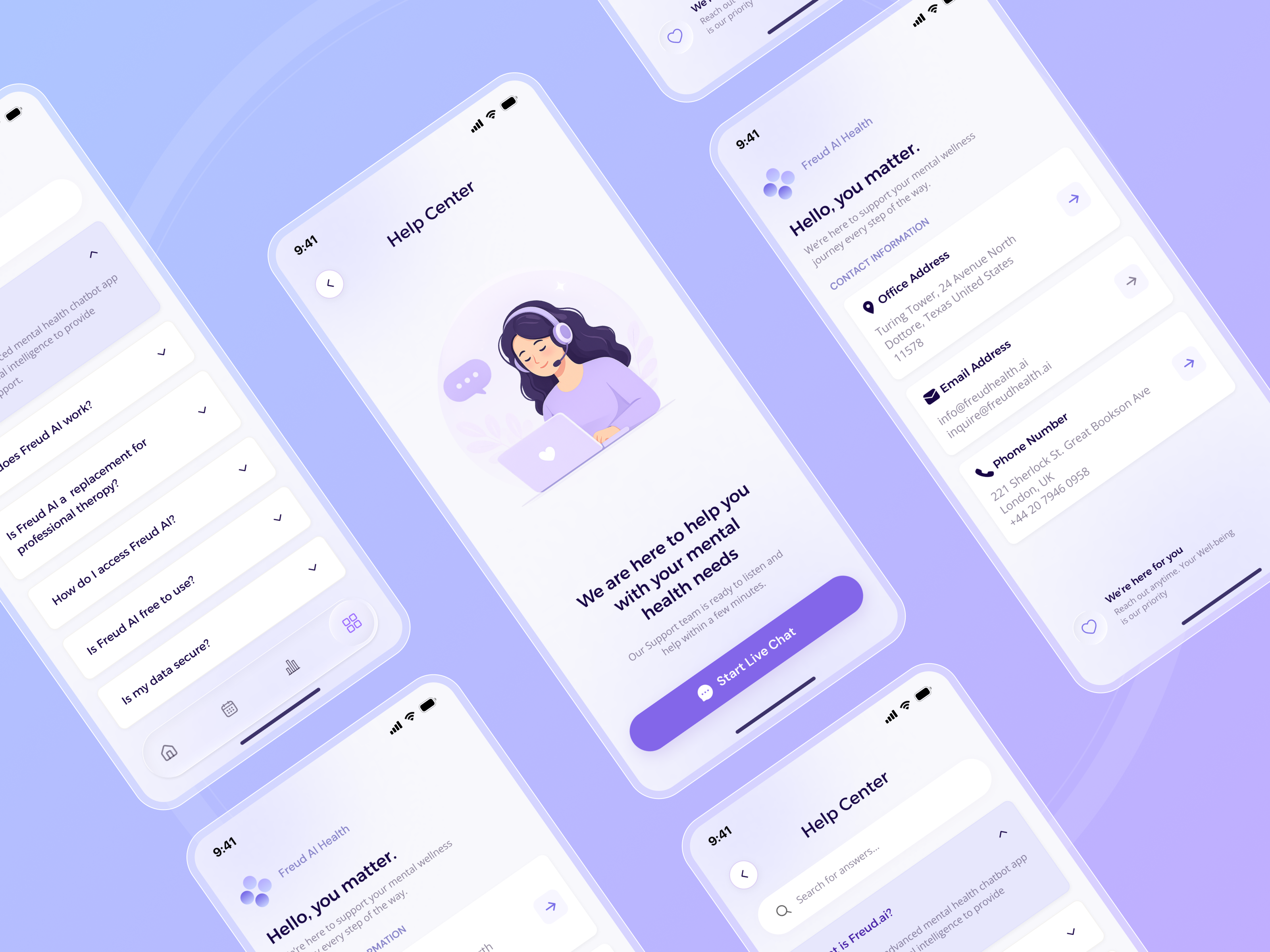 Freud AI – Mental Health App UI app design help center mental health minimal design mobile ui product design ui design ui ux