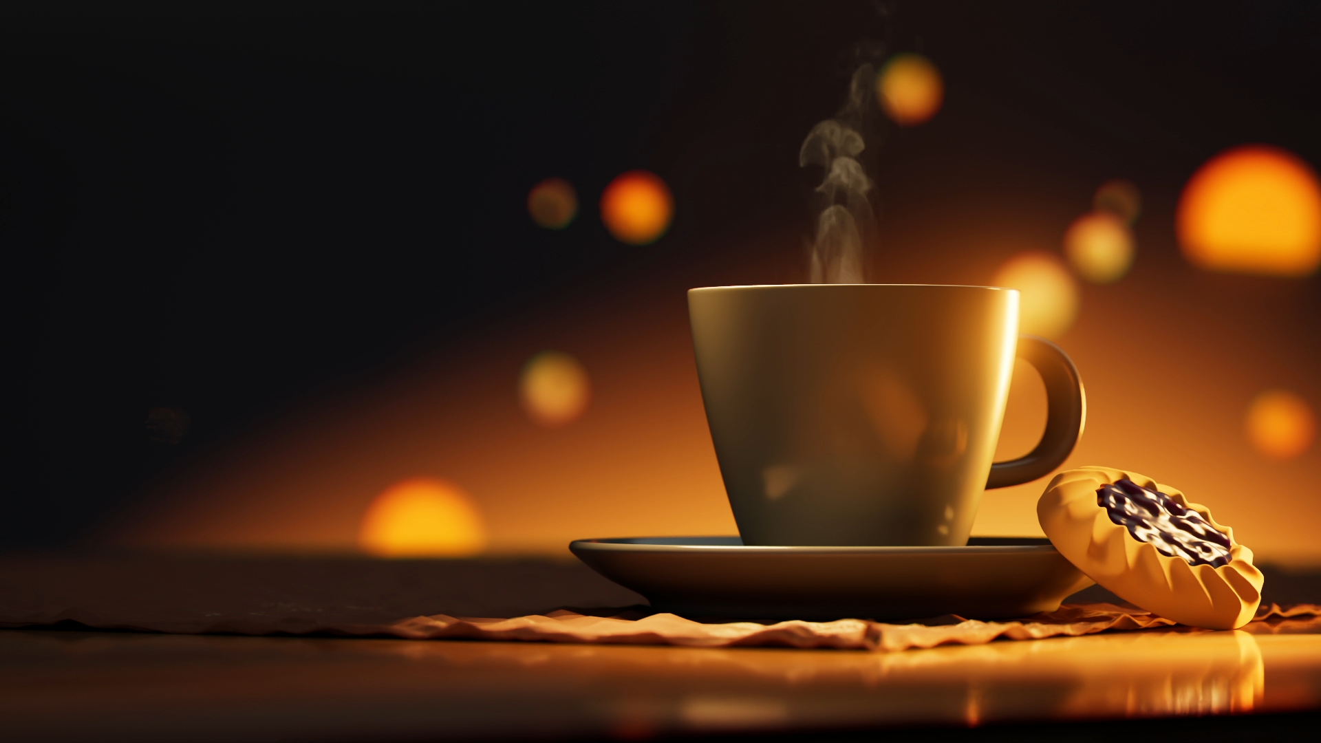 Coffee Cup and Cookie Still Life 3d cup and cookie 3d render bokeh break ceramic cinema 4d coffee cup coffee mood cookie daily ui depth of field food jam product visualization steam still life stylized render texture visual art volumetric steam