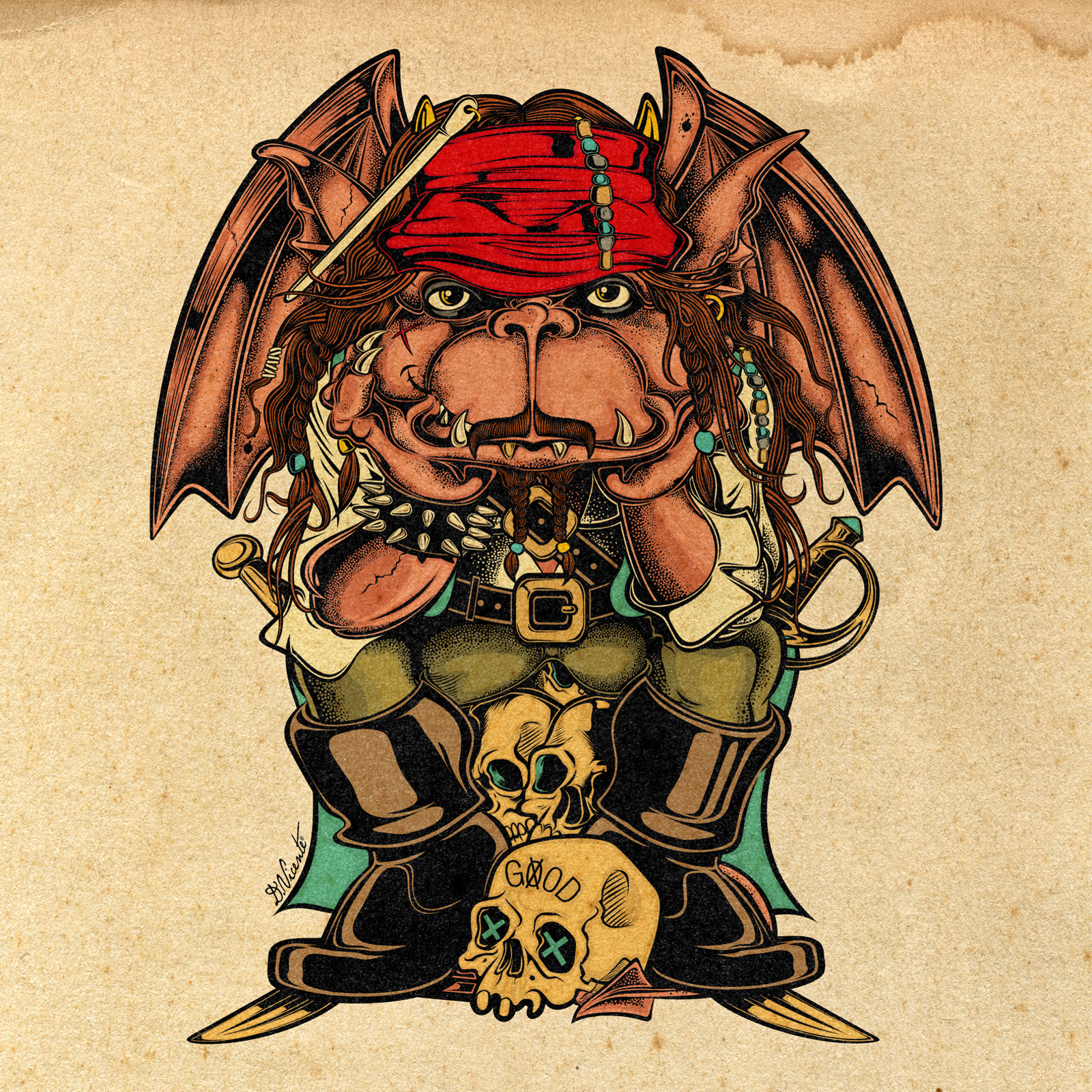 NEMOZ PIRATE GARGOYLE cartoon art character design comic style creature design david vicente detailed artwork digital art dvicente art fantasy art gargoyle illustration inking line art lowbrow art nemoz universe pirate art pirate gargoyle skull drawing vintage illustration weird art