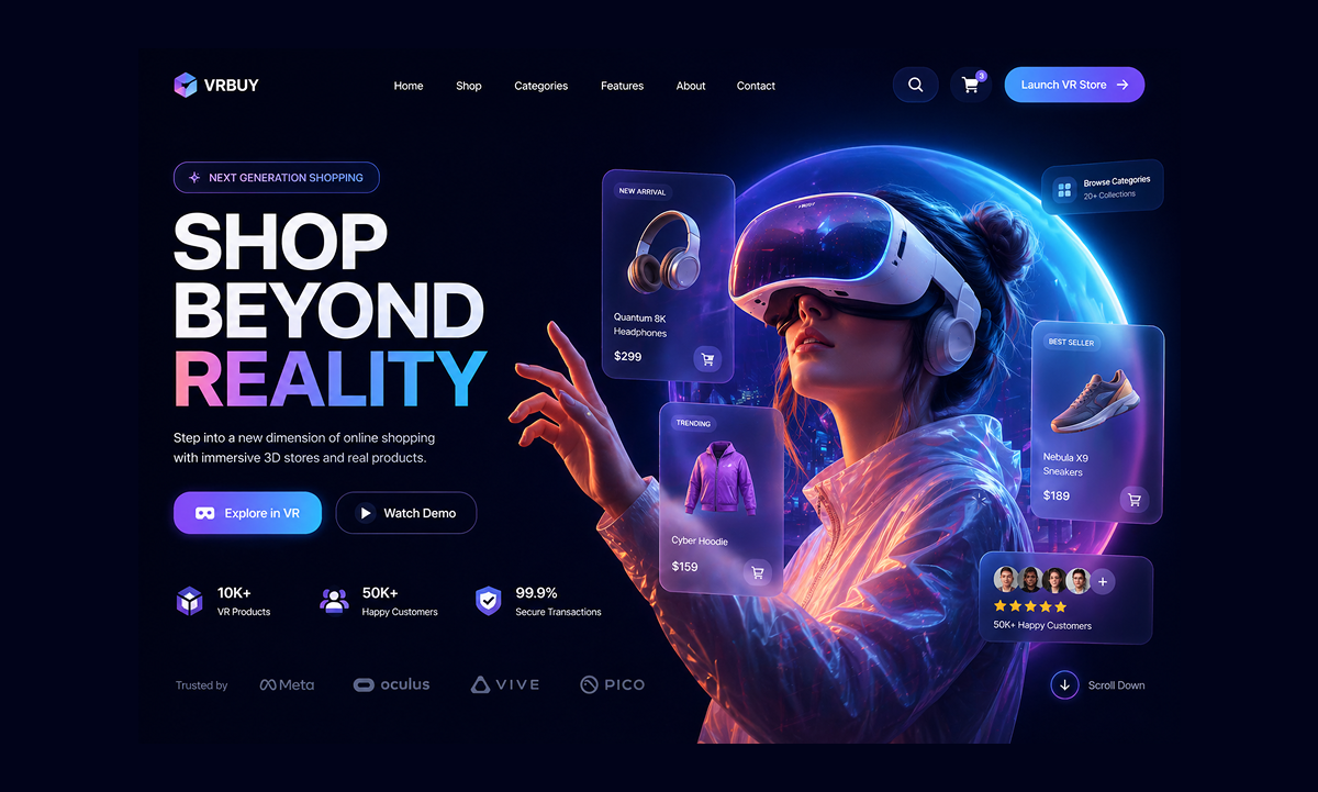 VRBUY — Immersive Commerce Experience 3d ai concept creative website ecommerce ecommerce landing page futuristic futuristic landing page hero section modern website ui uiux ux virtual reality vr vr landing page vrbuy