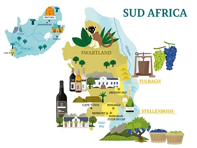 South Africa Wine region Map africa food illustrated map illustration travel wine
