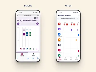 Halo Care - Mobile app exploration. Before - After activity activity monitoring halo care health app health tech home management home monitoring home security home tech iot iot app monitoring monitoring app senior care smart home smart home app time line wellness app