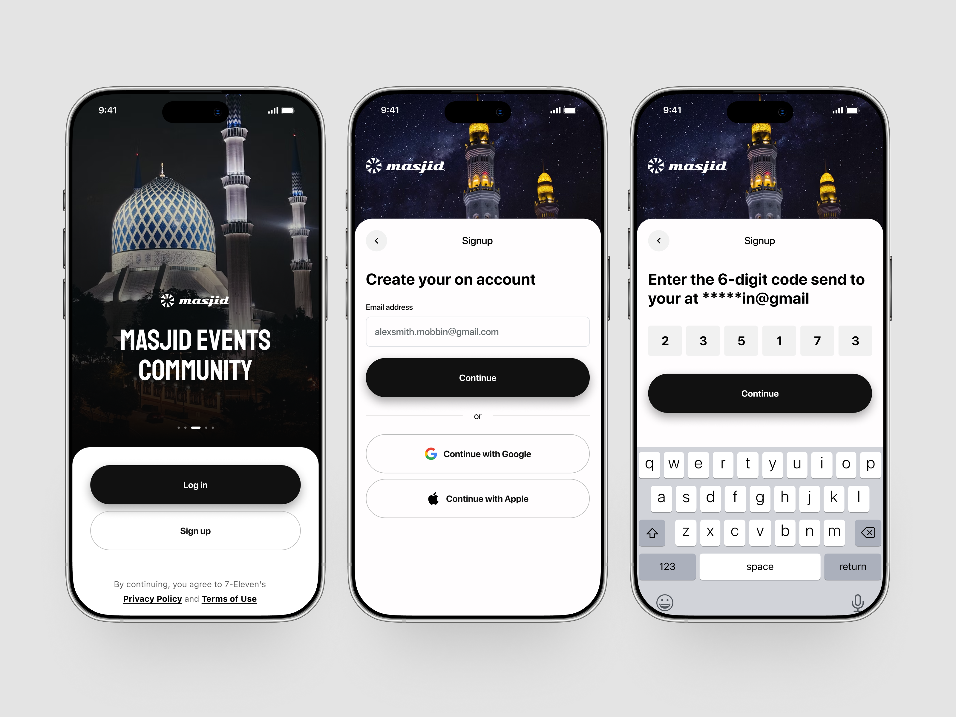 Masjid Hero – Onboarding Flow app design app login app ui dashboard design development islamic app islamic mobile app islamic platform login screen masjid mobile dashboard mobile ui mosque muslim community app muslim event community onboarding screen prayer time product design saas design signup