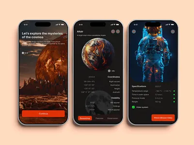 🚀 Cosmic Exploration App, UI Design app design app ui app ui design astronaut planet star branding cosmic dashboard dashboard dribbble exploration figma mobile app planet app product design space dark ui ui ui design ui ux design ux design